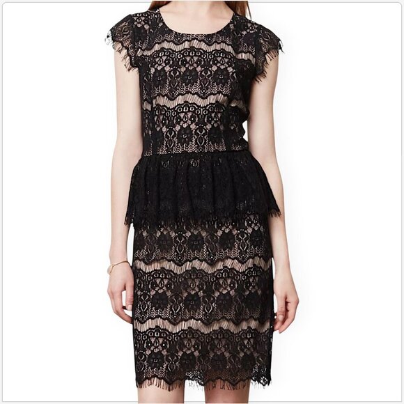 Maeve Anthropologie Elsa Black Floral Lace Peplum Cocktail Evening Dress SP - Picture 1 of 5